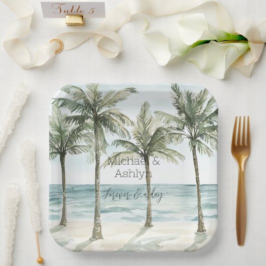 トロピカルパームツリーズ海ビーチ結婚式 ペーパープレート (ウェディング)