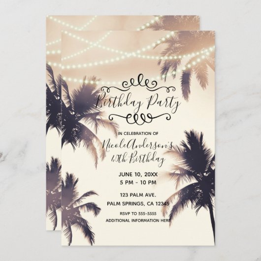 トロピカルパームツリーズ&ライツクリームバースデーパーティー 招待状 (正面/裏面)