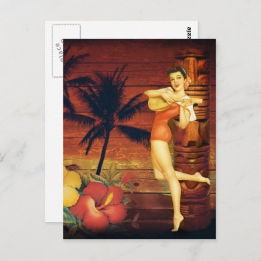 トロピカルパームツリートーテムポールハワイアンガールアロハ ポストカード (正面/裏面)
