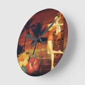 トロピカルパームツリートーテムポールハワイアンガールアロハ ラウンド壁時計 (傾斜)