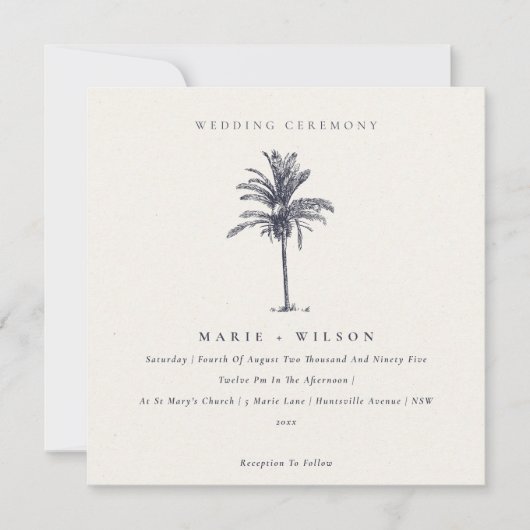 トロピカルパームツリーネイビークラフトウェディング招待 サンキューカード (正面)