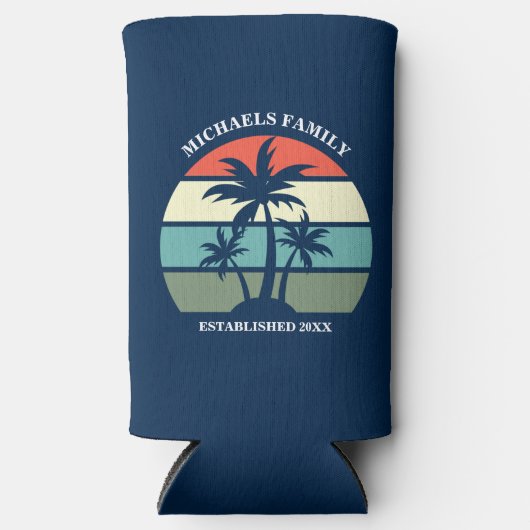 トロピカルパームツリーネイビーブルーサンセットビーチ スリム缶クーラー (正面)