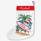 トロピカルパームツリービーチサーフィンサンタ スモールクリスマスストッキング (裏面)