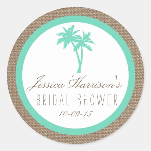 トロピカルパームツリービーチブライダルシャワーシール ラウンドシール (正面)