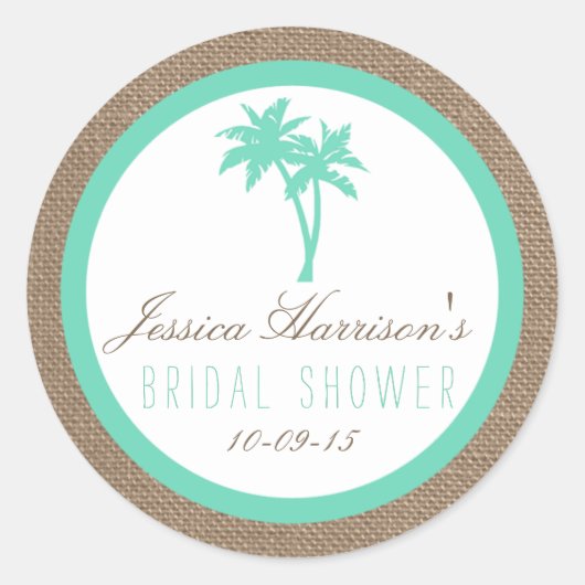 トロピカルパームツリービーチブライダルシャワーシール ラウンドシール (正面)