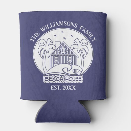 トロピカルパームツリーファミリーネームビーチハウスブルー 缶クーラー (裏面)