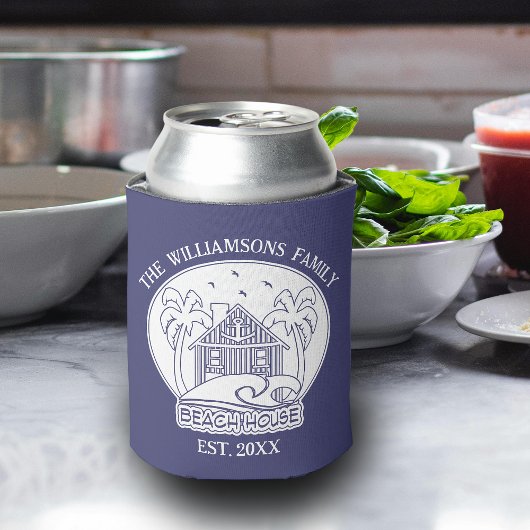 トロピカルパームツリーファミリーネームビーチハウスブルー 缶クーラー