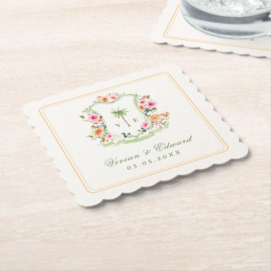トロピカルパームツリーモノグラムサマービーチ結婚式 ペーパーコースター (アングル)