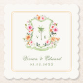 トロピカルパームツリーモノグラムサマービーチ結婚式 ペーパーコースター (正面)