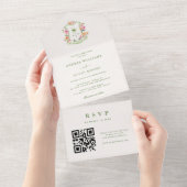 トロピカルパームツリーモノグラムQRコードビーチ結婚式 オールインワン招待状 (貼ってはがせる)