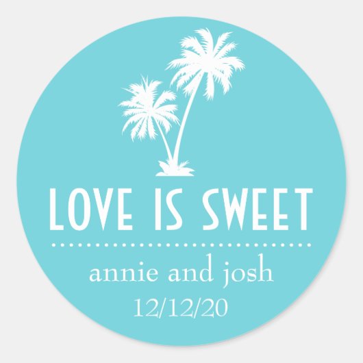 トロピカルパームツリーラブは甘いラベル(ターコイズ) ラウンドシール (正面)