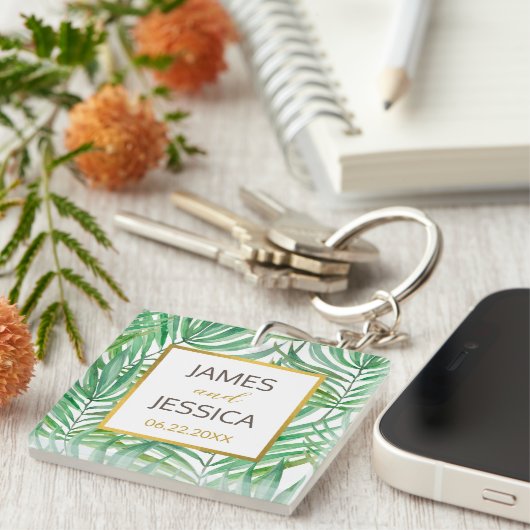 トロピカルパームツリー結婚式の引き出物アクリルスクエア キーホルダー (正面右)