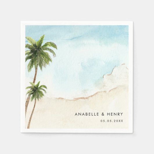 トロピカルパームツリー 砂浜 デスティネーション ウェディング スタンダードカクテルナプキン (正面)