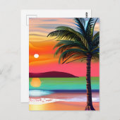 トロピカルパームトレスとサンセットをテーマ ポストカード (正面/裏面)