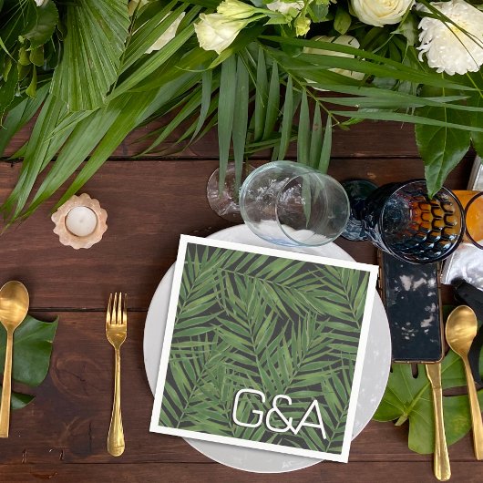 トロピカルパームナイトスカイモダンイニシャル結婚ズ スタンダードカクテルナプキン