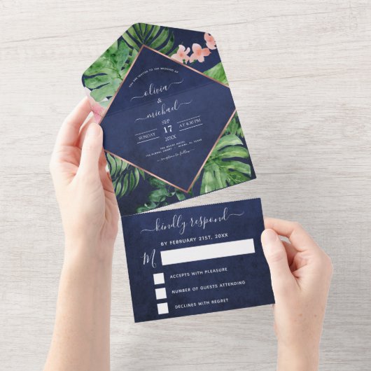 トロピカルパームネイビーブルーバラ金ゴールドウェディングRSVP オールインワン招待状 (貼ってはがせる)