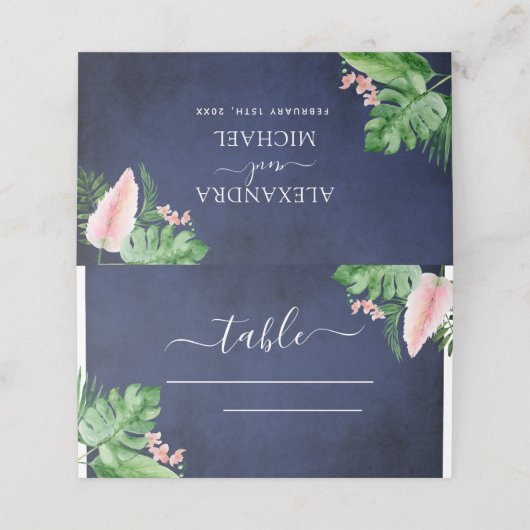 トロピカルパームネイビー結婚ブルー座席表 プレイスカード (外部開封)