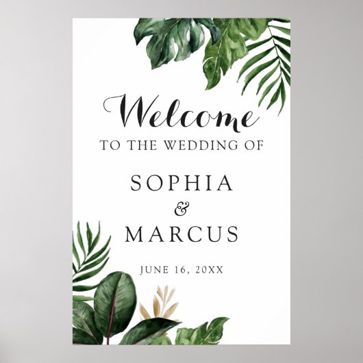 トロピカルパームバナナリーフグリーンリーモダンへようこそ ポスター (正面)