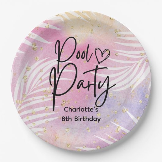 トロピカルパームパステルレインボープールパーティー ペーパープレート (正面)