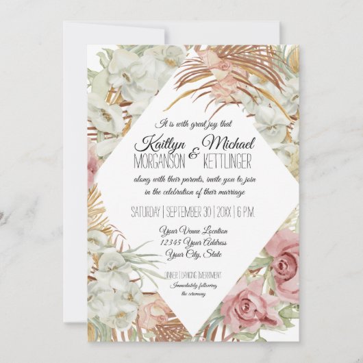 トロピカルパームパンパスグラスグリーンリー赤面フローラ 招待状 (正面)