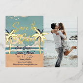 トロピカルパームビンテージビーチ セーブ・ザ・デート 箔招待状 (正面)