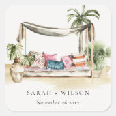 トロピカルパームビーチウォーターカラーカバナ結婚ズ スクエアシール (正面)