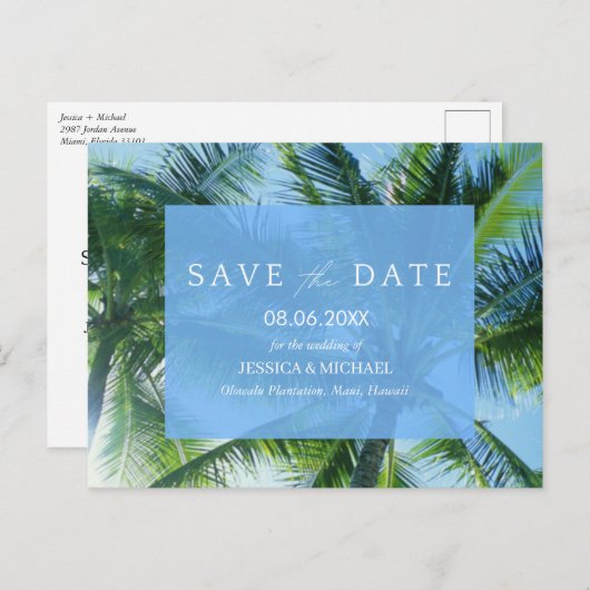 トロピカルパームビーチバジェットウェディング日付を保存 案内ポストカード (正面/裏面)