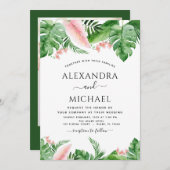 トロピカルパームフォトグリーン赤面結婚ピンクの招待客 招待状 (正面/裏面)