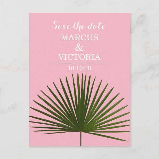トロピカルパームフォンドリーフの日付を保結婚存 案内ポストカード (正面)