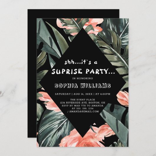 トロピカルパームフローラサプライズブラックパーティー招待状 招待状 (正面/裏面)