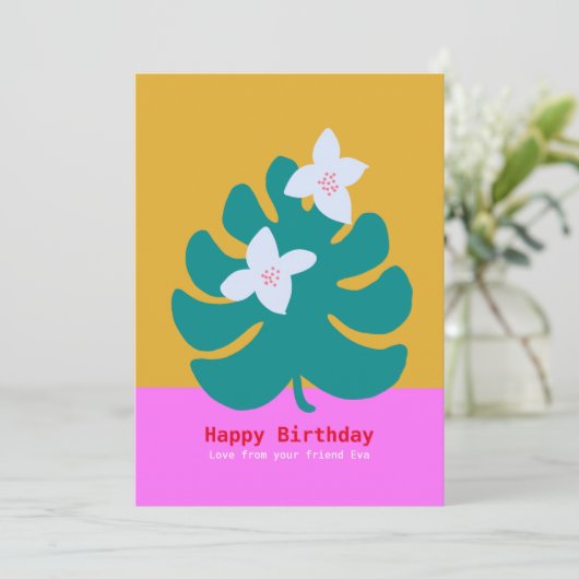 トロピカルパームフローラトレンディーモダンバースデーカード シーズンカード (スタンド正面)