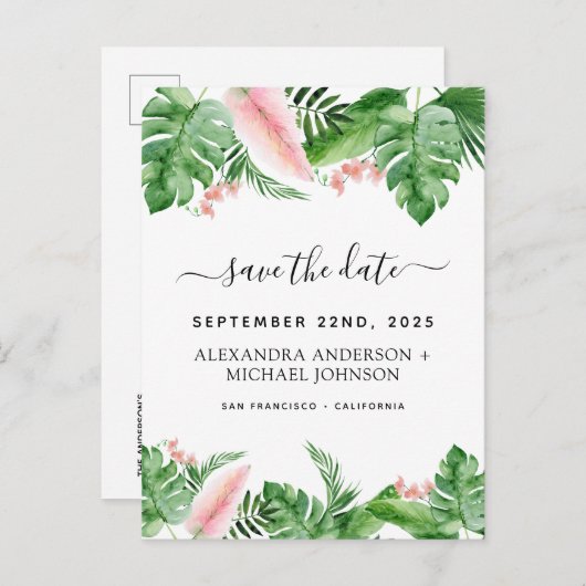 トロピカルパームフローラ水の色の保存日付 案内ポストカード (正面/裏面)