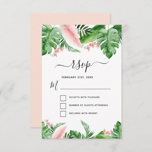 トロピカルパームフローラ水彩ウェディングRSVP 招待状 (正面/裏面)
