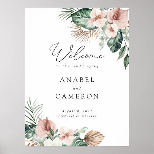 トロピカルパームフローラ結婚赤面の歓迎サイン ポスター (正面)