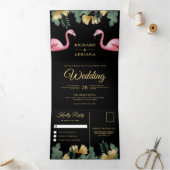 トロピカルパームブラック金ゴールドフラミンゴカップル結婚ズ 三つ折り招待状 (内部)