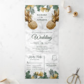 トロピカルパームホワイトマーブル金ゴールドパイナップル結婚ズ 三つ折り招待状 (内部)