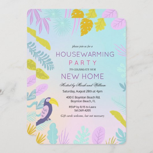 トロピカルパームマコーバード引っ越し祝いパーティー招待状 招待状 (正面/裏面)