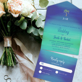 トロピカルパームミュートブルーグリーンビーチ結婚海 オールインワン招待状