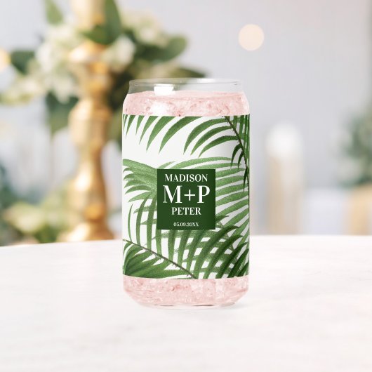 トロピカルパームモノグラムの結婚ツリーの贈り物 ガラス缶 (インサイチュ (ウェディング))