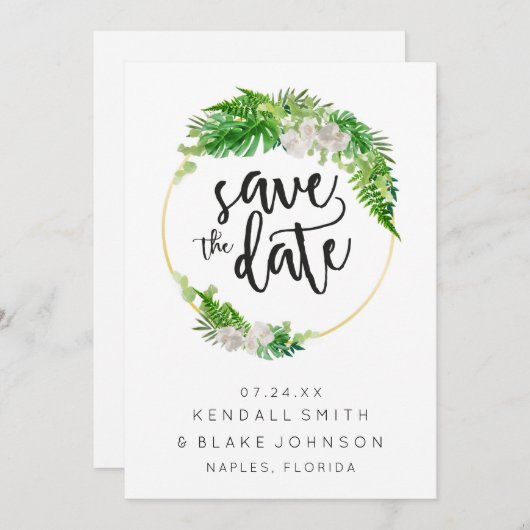 トロピカルパームリーフとグリーンリース セーブザデート (正面/裏面)