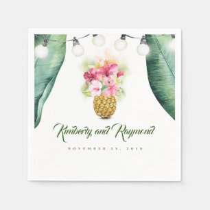 トロピカルパームリーフとフローラパイナップル花瓶ビーチ スタンダードカクテルナプキン