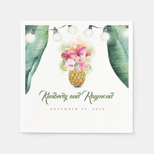 トロピカルパームリーフとフローラパイナップル花瓶ビーチ スタンダードカクテルナプキン (正面)