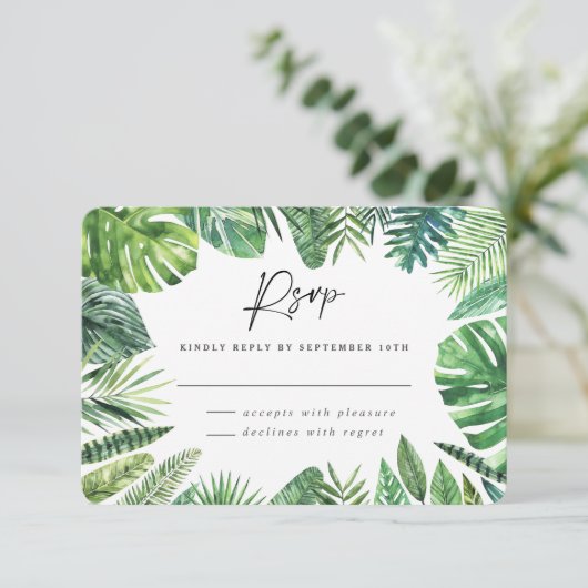 トロピカルパームリーフの葉のウェディングRSVP返信 出欠カード (スタンド正面)