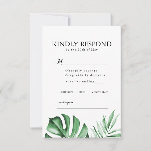 トロピカルパームリーフウェディングRSVPとエンベロープインヴィ 招待状 (正面)