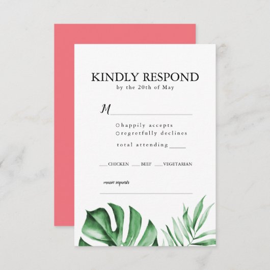 トロピカルパームリーフウェディングRSVPとエンベロープインヴィ 招待状 (正面/裏面)