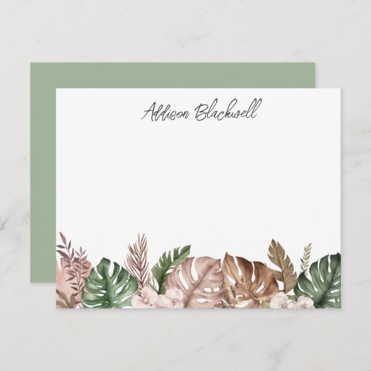 トロピカルパームリーフグリーン赤面ピンク ノートカード (正面/裏面)