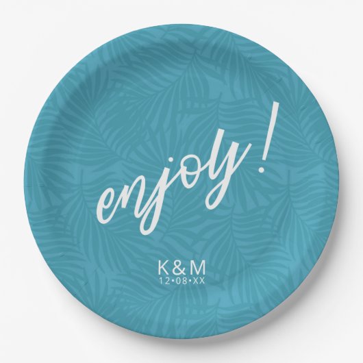 トロピカルパームリーフパターンティール(緑がかった色)ID577紙プレート ペーパープレート (正面)