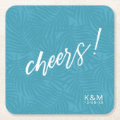 トロピカルパームリーフパターンティール(緑がかった色)ID577 スクエアペーパーコースター (正面)