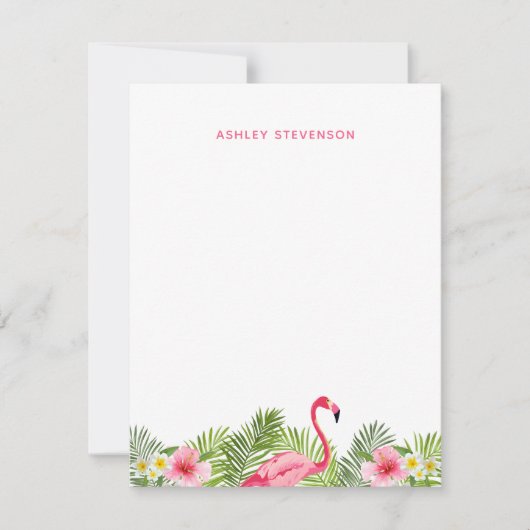 トロピカルパームリーフピンクフラインゴカスタムネーム ノートカード (正面)