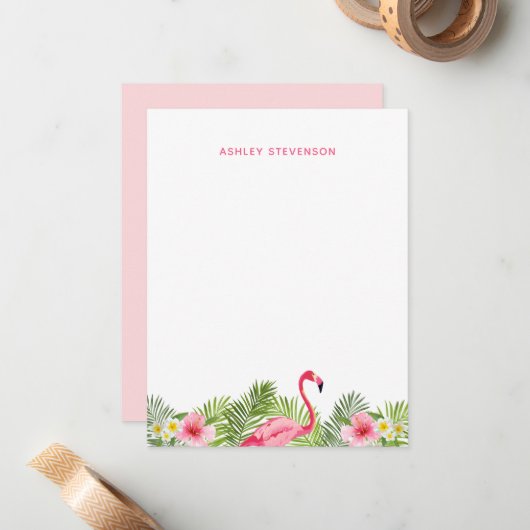 トロピカルパームリーフピンクフラインゴカスタムネーム ノートカード (正面/裏面インサイチュ)